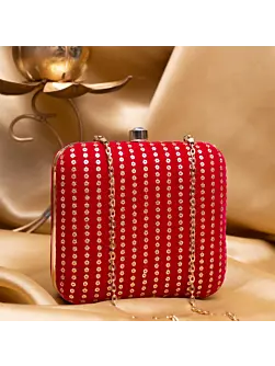 Woman Bright Red Based Golden Sequins Embroidery Clutch