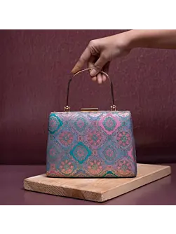 Woman Blue And Pink Floral Pattern Printed Fabric Clutch