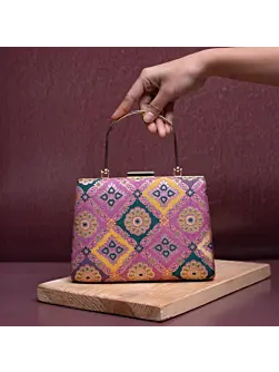 Woman Pink Based Pattern Printed Silk Fabric Clutch