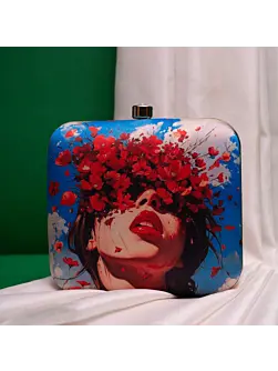 Woman Blue Based Floral Girl With Bold Red Lips Printed Clutch