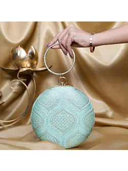 Woman Light Blue Based Golden Sequins Embroidery Clutch