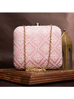 Woman Pink Chikankari Embroidery Clutch