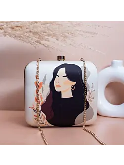 Woman White Based Women Portrait Printed Clutch