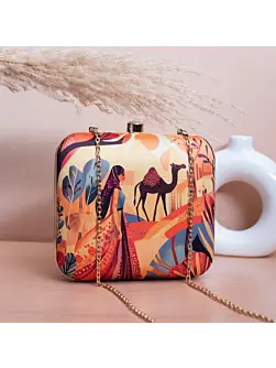 Women Beige Based Women with Camel Printed Clutch