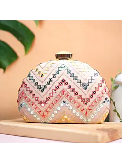 Women Baby Pink Zig Zag Embroidery D-Shape Party Clutch