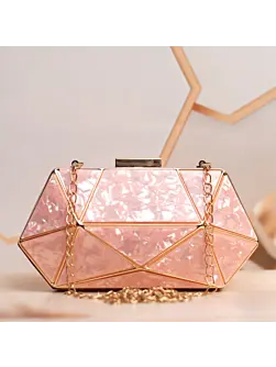 Women Peach Acrylic MOP Cutout Hexagon Metal Clutch