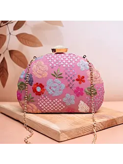 Woman Pink Floral Sequins Embroidered Fabric Clutch