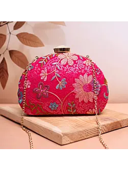 Women Pink Floral Embroidered Party Clutch