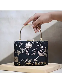Women Black And Silver Brocade Party Clutch