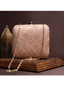 Woman Peach Sequins Embroidery Party Clutch