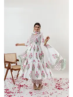 Women Pure Cotton Plus Size Kurta Pant Set with Dupatta, Anarkali Floral Print Kurta Sets 