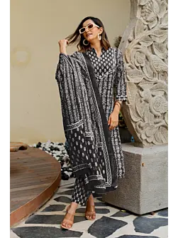 Women Pure Cotton Plus Size Kurta Pant Set with Dupatta, Dusty Black Floral Printed Set 