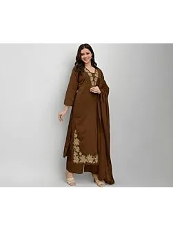 Women's Plus Size Rayon Brown  Embroidered Kurta and pant set With Dupatta