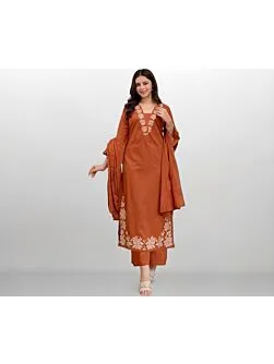 Women's Plus Size Rayon Orange Embroidered Kurta and pant set With Dupatta