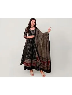 Women's Plus Size Rayon Printed Anarkali Black Kurta and Pant with Dupatta Set