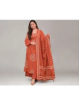 Women Pure Cotton Plus Size Kurta Pant Set with Dupatta,Bandhani Print Kurta Sets 