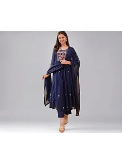Women's Plus Size Embroidery Solid Anarkali Kurta and Pant Set with Dupatta