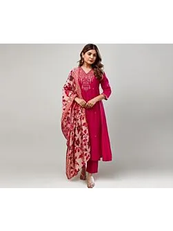 Women's Plus Size Silk Pink Embroidered Kurta with Pants And Dupatta
