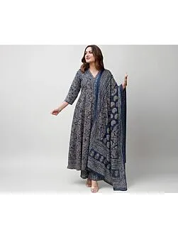 Women Plus Size Blue Printed Anarkali Kurta Palazzo Dupatta Set , Viscose Blend Ethnic Outfit 