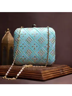 Woman Light Blue Embroidery Party Clutch