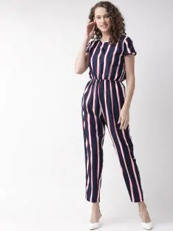 Women Navy Blue & White Striped Basic Jumpsuit