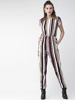 Women Off-White & Burgundy Striped Basic Jumpsuit