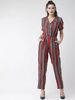 Women Black & Red Striped Basic Jumpsuit