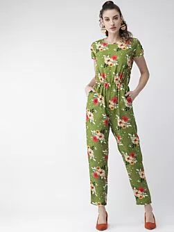 Women Green & Yellow Printed Basic Jumpsuit