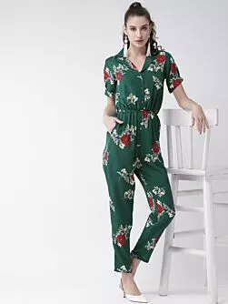 Women Green & Off-White Printed Basic Jumpsuit