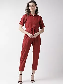 Women Maroon Solid Basic Jumpsuit