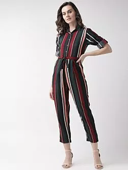 Women Maroon & Black Striped Basic Jumpsuit