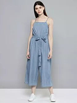 Women Blue Solid Chambray Basic Jumpsuit