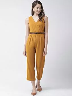 Women Mustard Yellow Solid Basic Jumpsuit