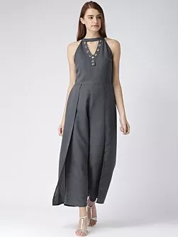 Women Charcoal Grey Solid Layered Basic Jumpsuit
