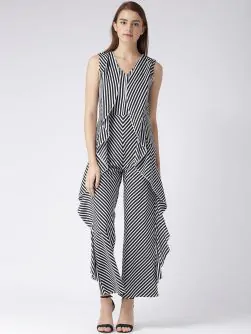 Women Black & White Striped Ruffled Basic Jumpsuit