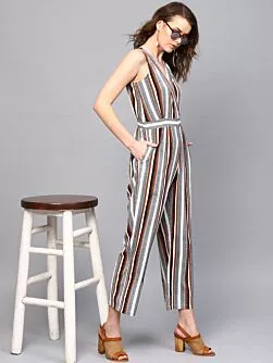 White & Black Striped Basic Jumpsuit