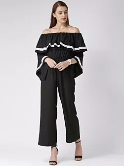 Women Black Solid Ruffled Basic Jumpsuit