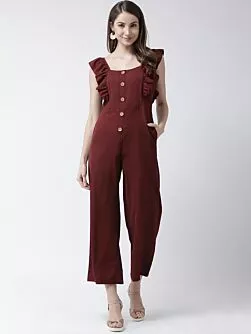 Women Burgundy Solid Basic Jumpsuit