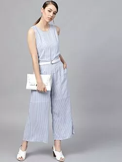 Blue & White Striped Culottes Jumpsuit