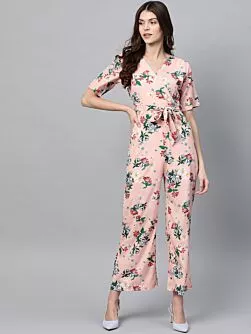 Women Pink & Green Floral Print Basic Jumpsuit