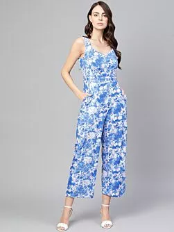 Women Blue & White Printed Basic Jumpsuit