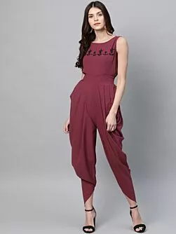 Women Burgundy Solid Dhoti Style Jumpsuit