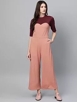 Women Dusty Pink & Burgundy Colourblocked Basic Jumpsuit