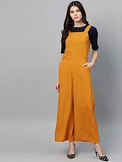 Women Mustard Yellow Solid Basic Jumpsuit with T-shirt