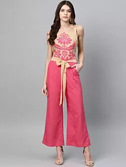 Women Pink & Beige Printed Basic Jumpsuit