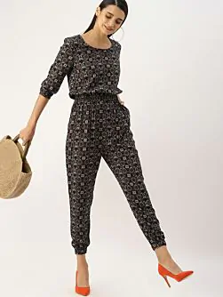 Women Black & Beige Printed Basic Jumpsuit