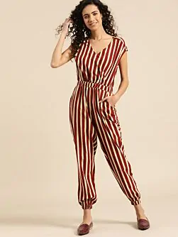 Women Maroon & Off-White Striped Basic Jumpsuit