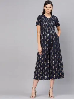 Women Navy Blue & Golden Printed Culotte Jumpsuit