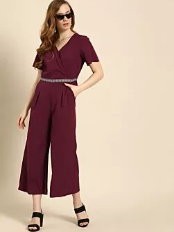 Women Maroon Solid Basic Jumpsuit