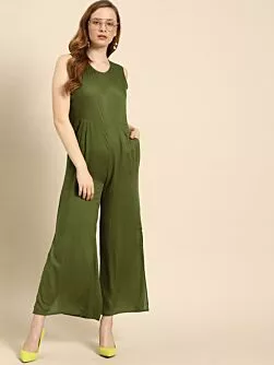 Women Olive Green Solid Basic Jumpsuit
